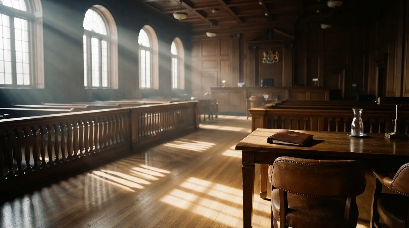 Sala de tribunal vazia com painéis de madeira, à luz da manhã — cassinos de criptomoedas pt