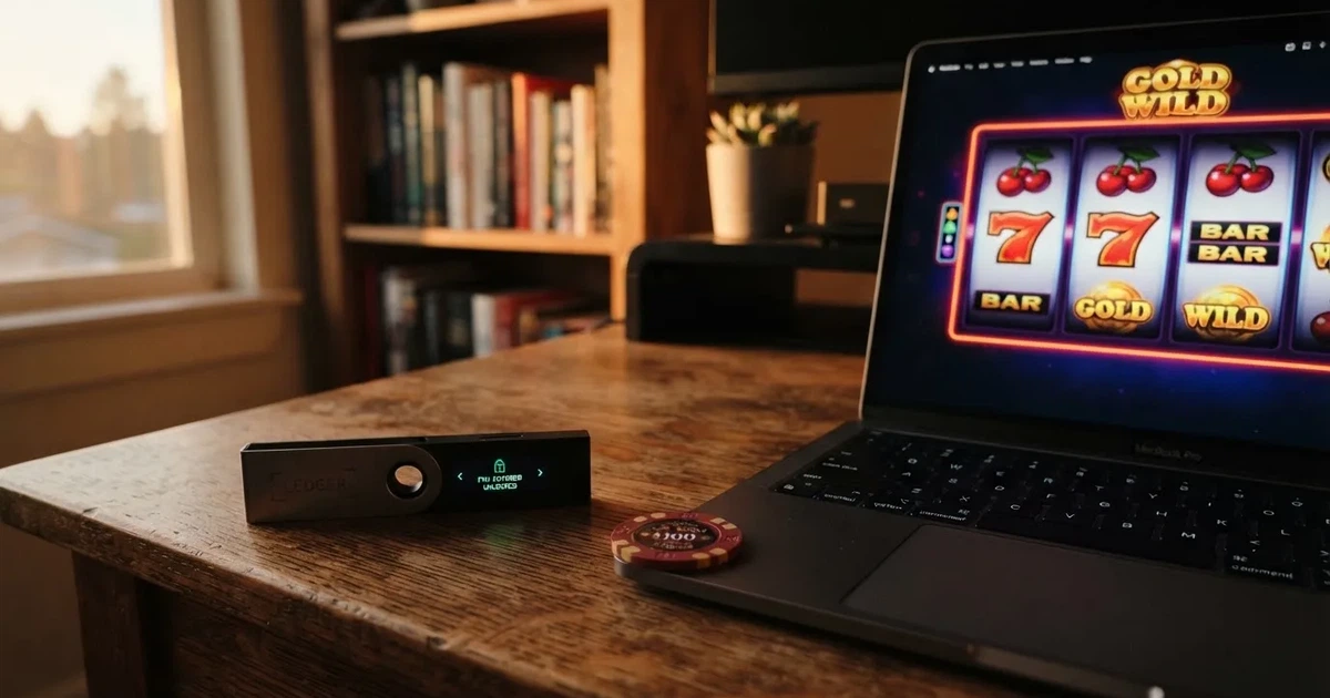 Carteira de hardware e computador portátil numa secretária, com luz suave — cassinos de criptomoedas pt