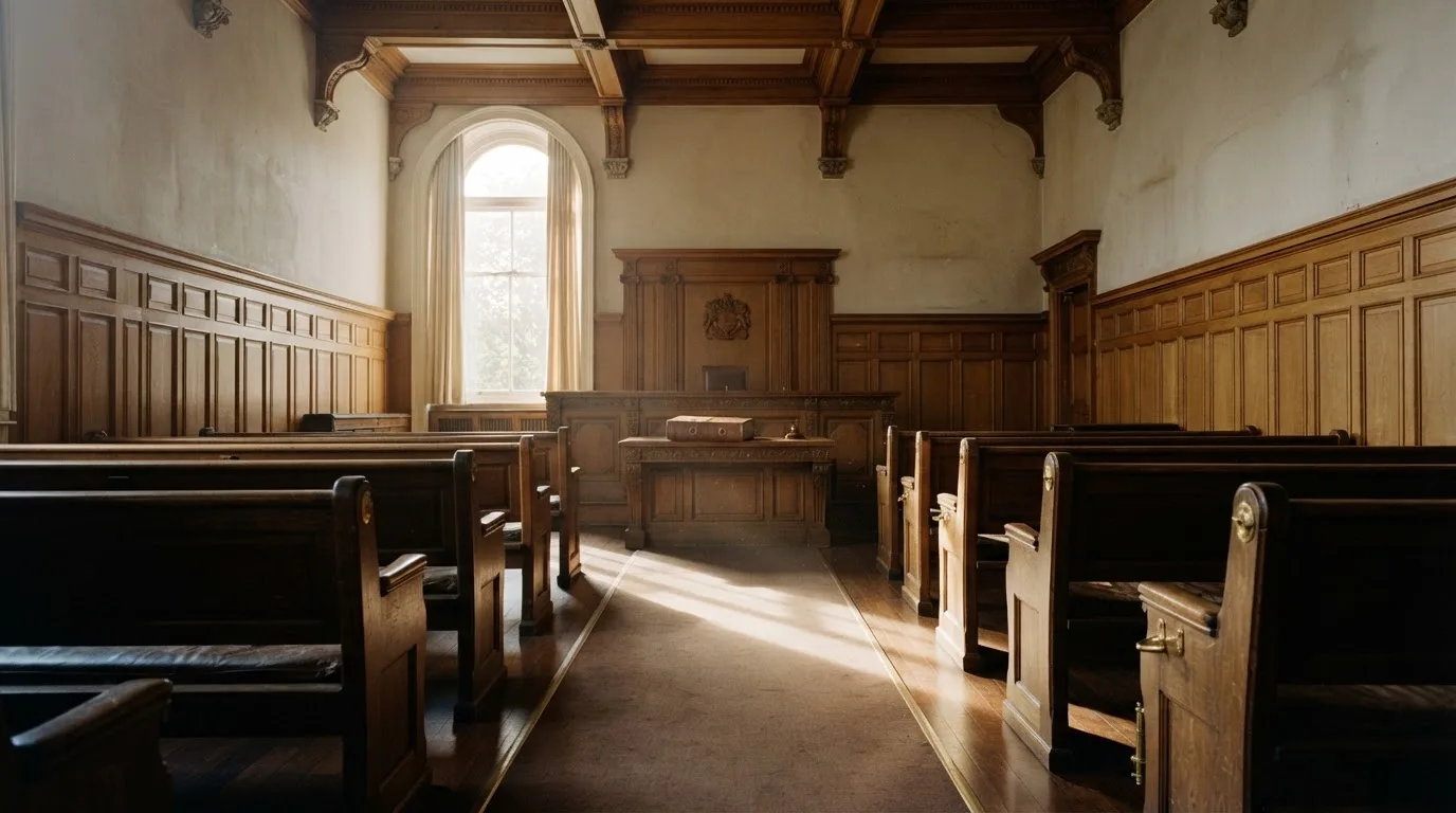 Sala de tribunal vazia com painéis de madeira, à luz da manhã — cassinos online em portugal