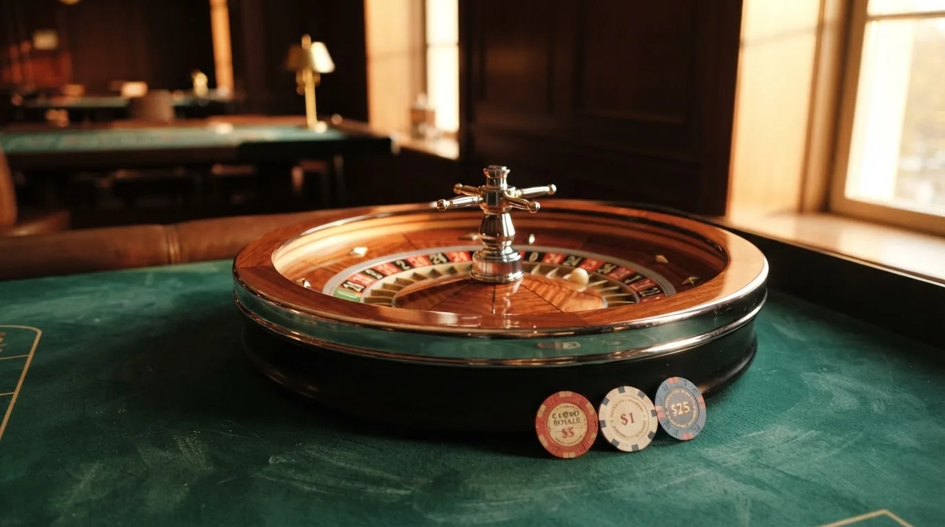 Roda de roleta e fichas sobre feltro verde, sob uma luz quente de fim de tarde — como jogar em casino pt