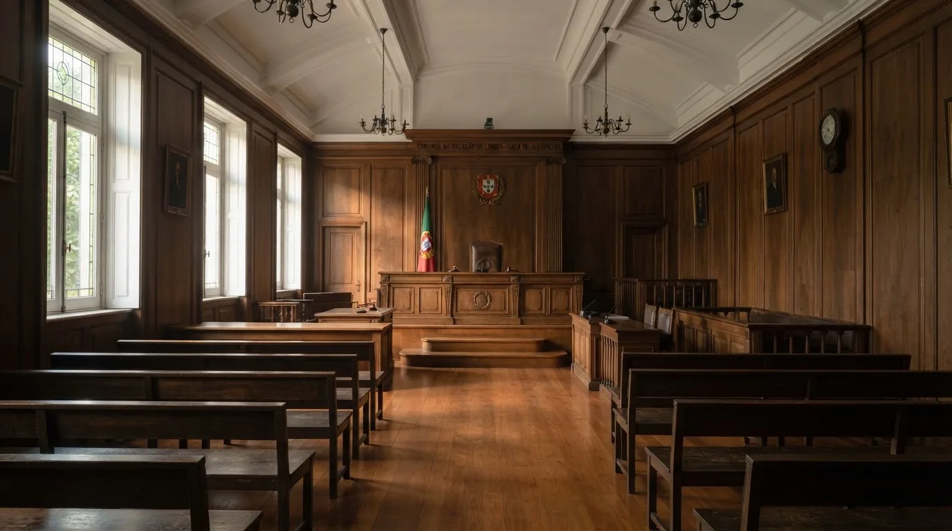 Sala de tribunal vazia com painéis de madeira, à luz da manhã — estoril casino em portugal