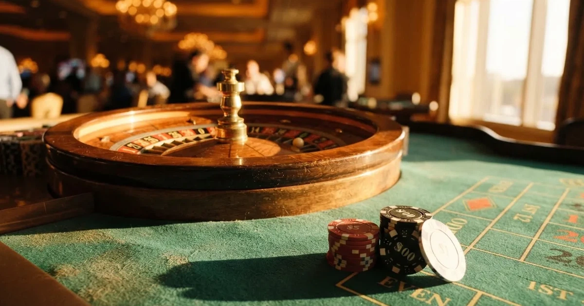 Roda de roleta e fichas sobre feltro verde, sob uma luz quente de fim de tarde — estoril casino em portugal