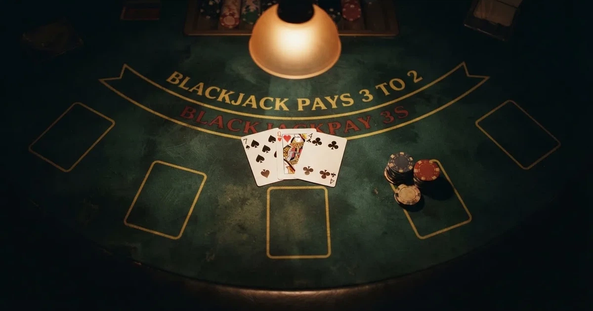 Mesa de jogo iluminada com cartas, vista de cima — estratégia de blackjack para portugueses