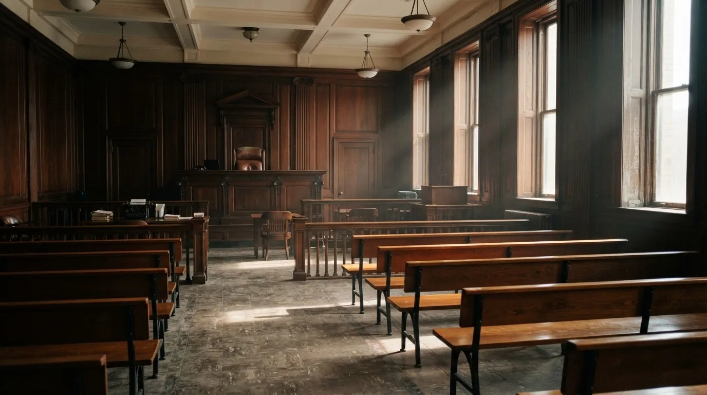 Sala de tribunal vazia com painéis de madeira, à luz da manhã — guias de casino para os portugueses