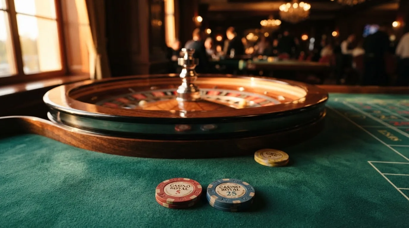 Roda de roleta e fichas sobre feltro verde, sob uma luz quente de fim de tarde — guias de casino para os portugueses