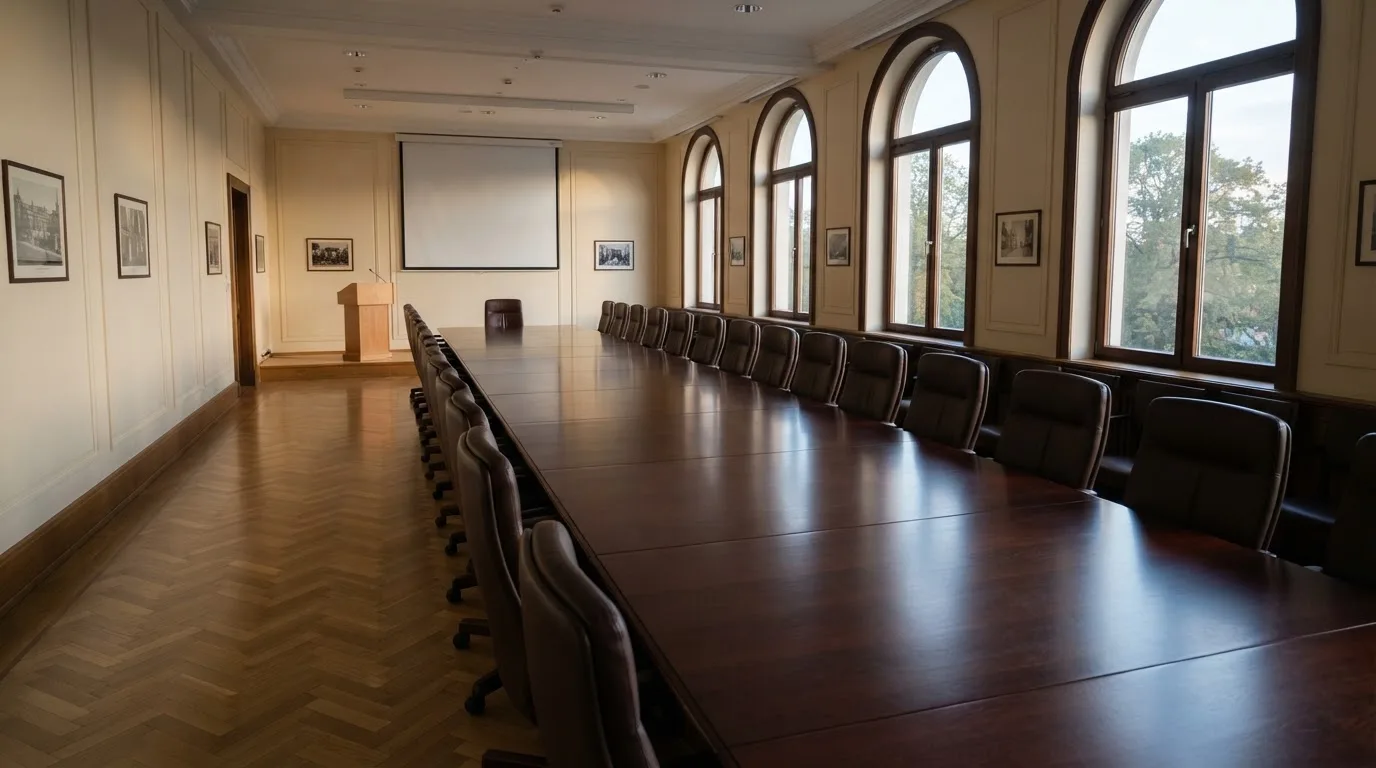 Sala de reuniões de um organismo público com mesa comprida, cadeiras alinhadas e janelas altas, sem pessoas, luz de manhã.