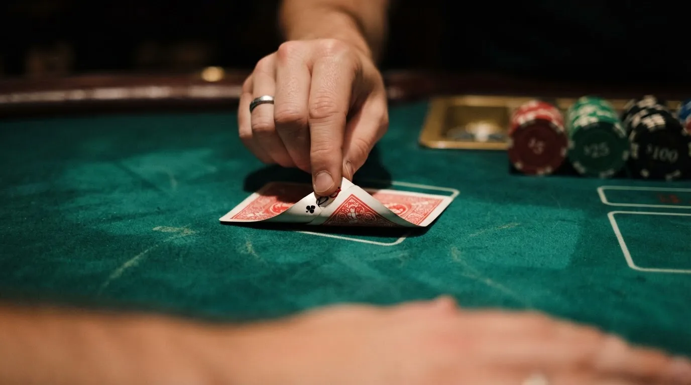 Mãos a espreitar duas cartas viradas para baixo numa mesa de feltro verde, com pilhas de fichas desfocadas ao lado.
