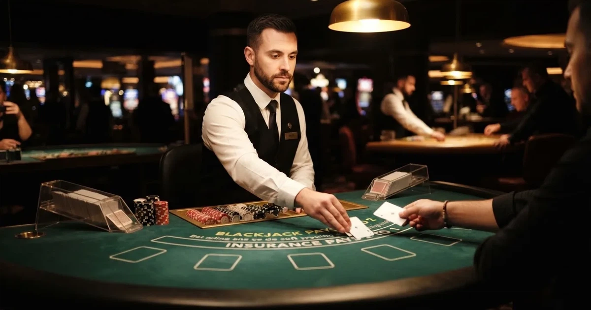 Croupier de colete preto a distribuir cartas numa mesa de blackjack semicircular, feltro verde, fichas empilhadas e iluminação baixa.