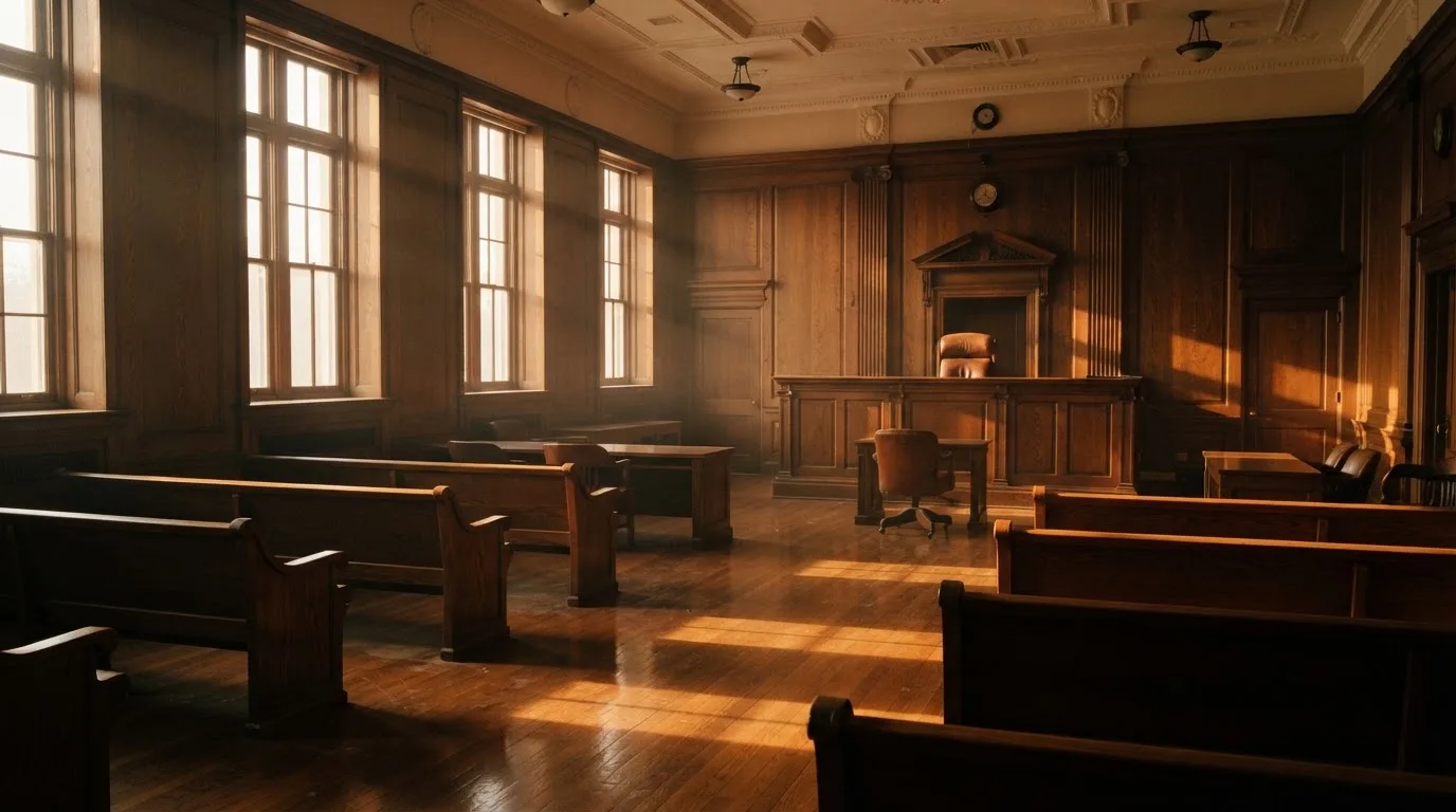 Sala de tribunal vazia com painéis de madeira, à luz da manhã — jogar no casino em portugal