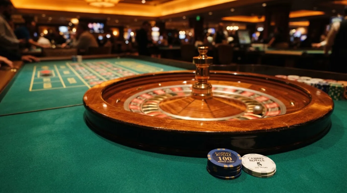 Roda de roleta e fichas sobre feltro verde, sob uma luz quente de fim de tarde — jogar no casino em portugal