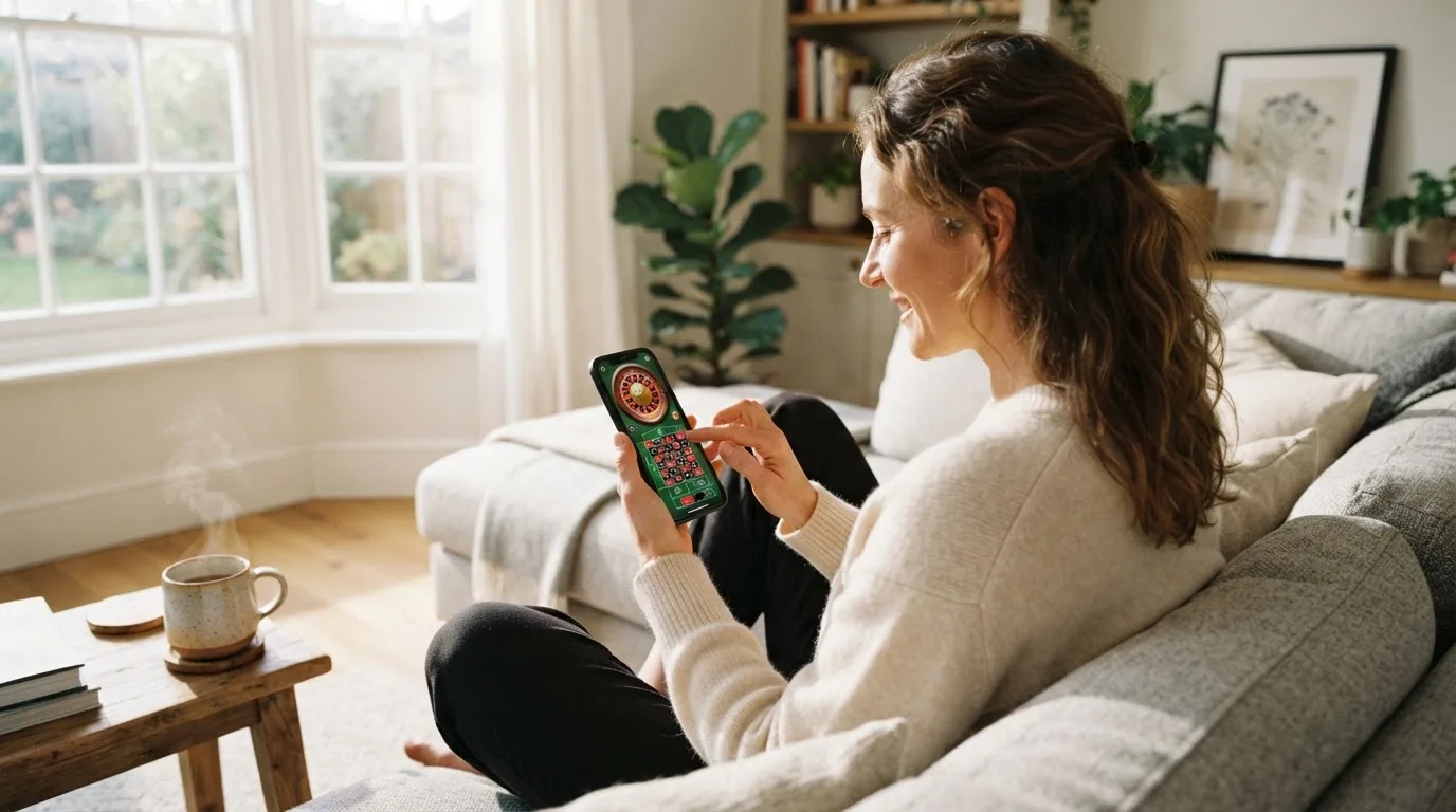 Mulher sentada num sofá a jogar roleta no telemóvel, com uma chávena de café na mesa e luz natural a entrar pela janela.