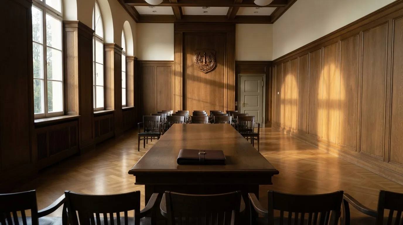 Sala de tribunal vazia com painéis de madeira, à luz da manhã — jogo de craps em portugal