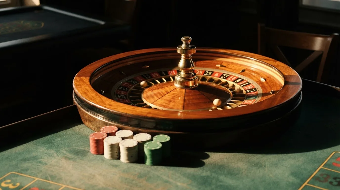Roda de roleta e fichas sobre feltro verde, sob uma luz quente de fim de tarde — jogo de craps em portugal