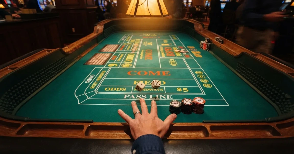 Mesa de jogo iluminada com cartas, vista de cima — jogo de craps em portugal