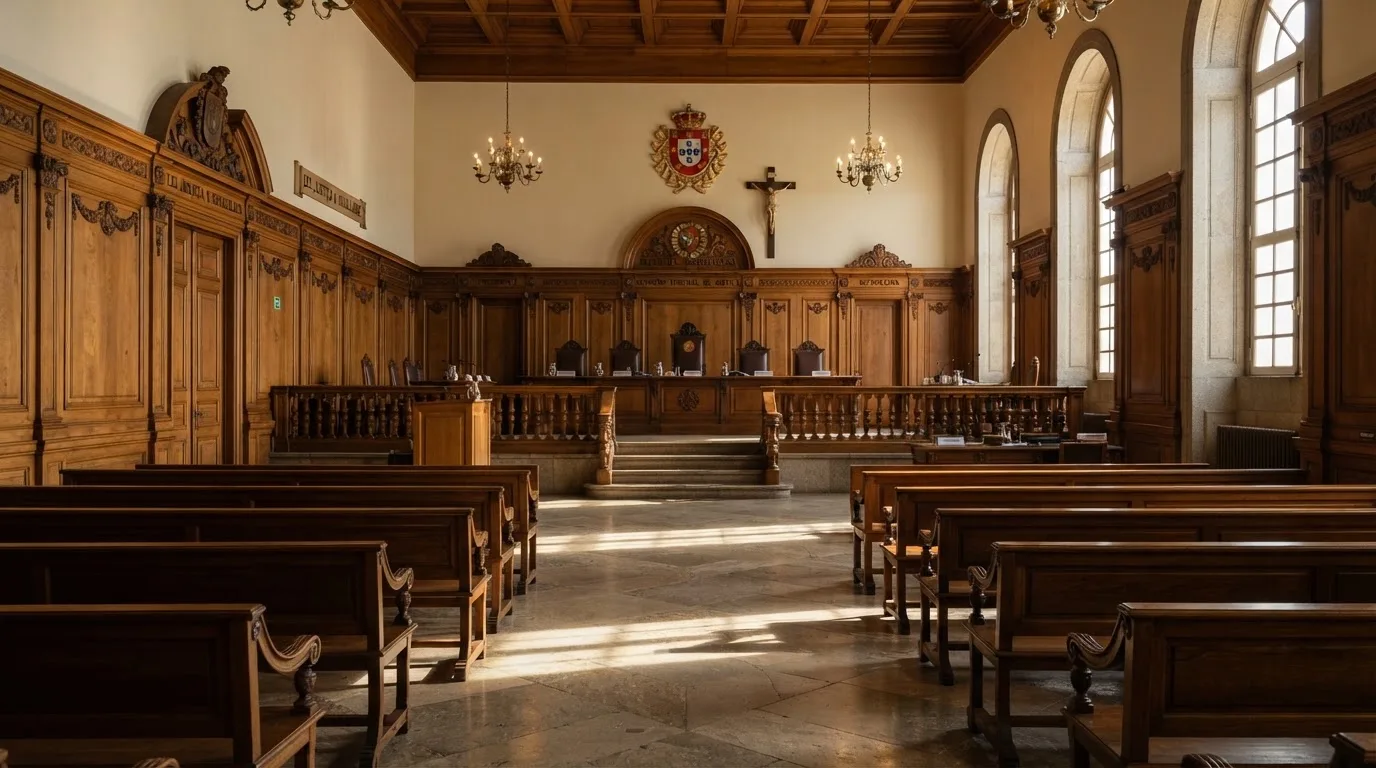 Sala de tribunal vazia com painéis de madeira, à luz da manhã — jogos de caça-níqueis em portugal