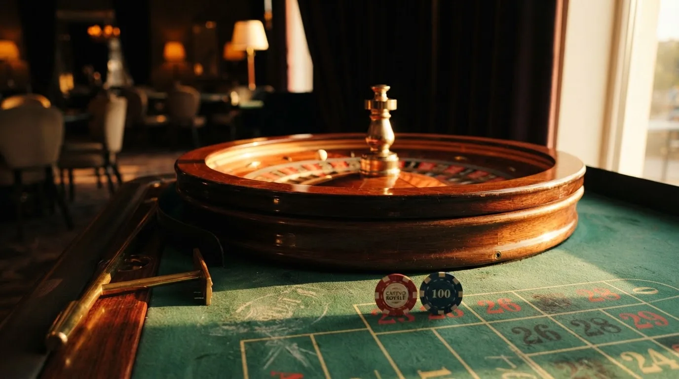 Roda de roleta e fichas sobre feltro verde, sob uma luz quente de fim de tarde — jogos de casino em portugal