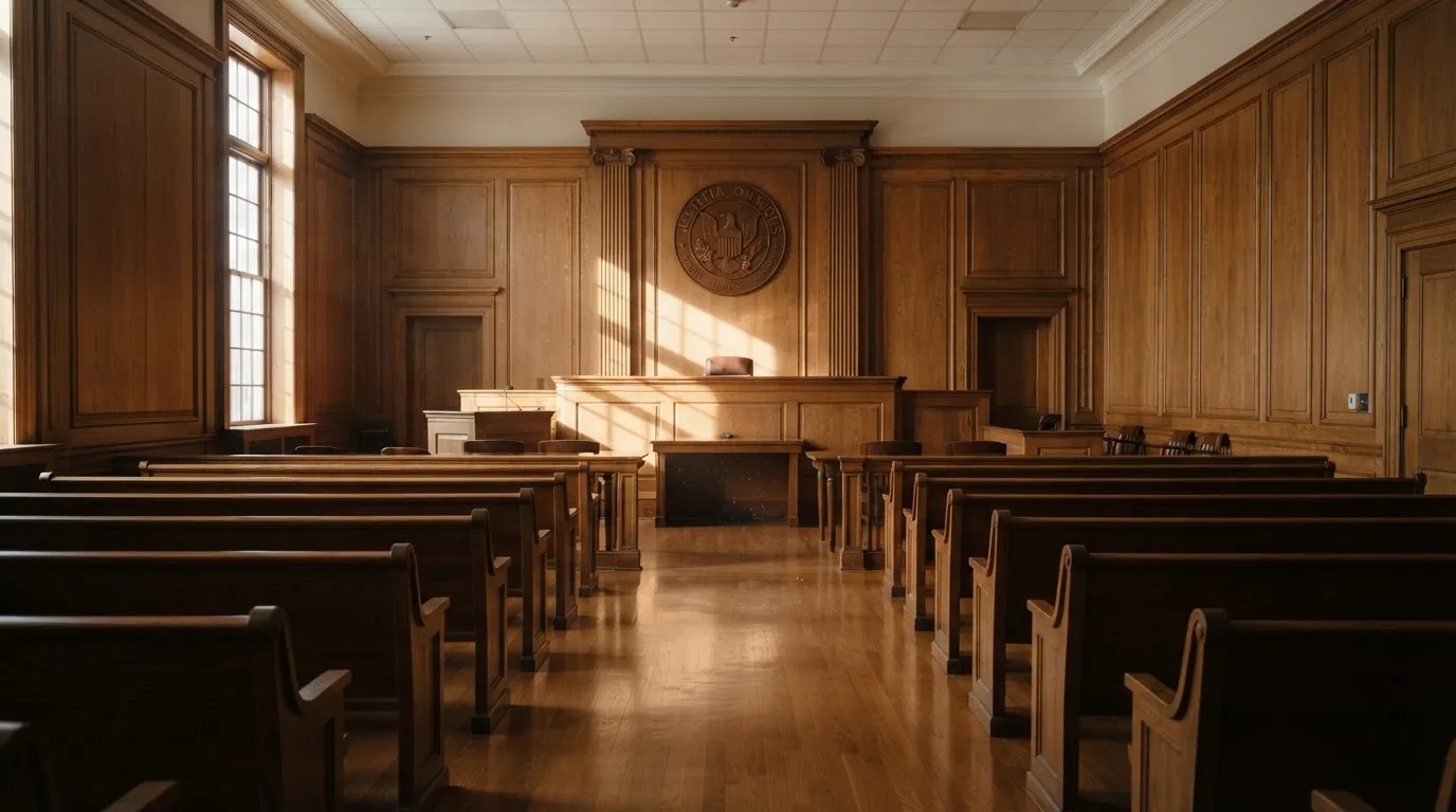 Sala de tribunal vazia com painéis de madeira, à luz da manhã — jogos de casino grátis pt