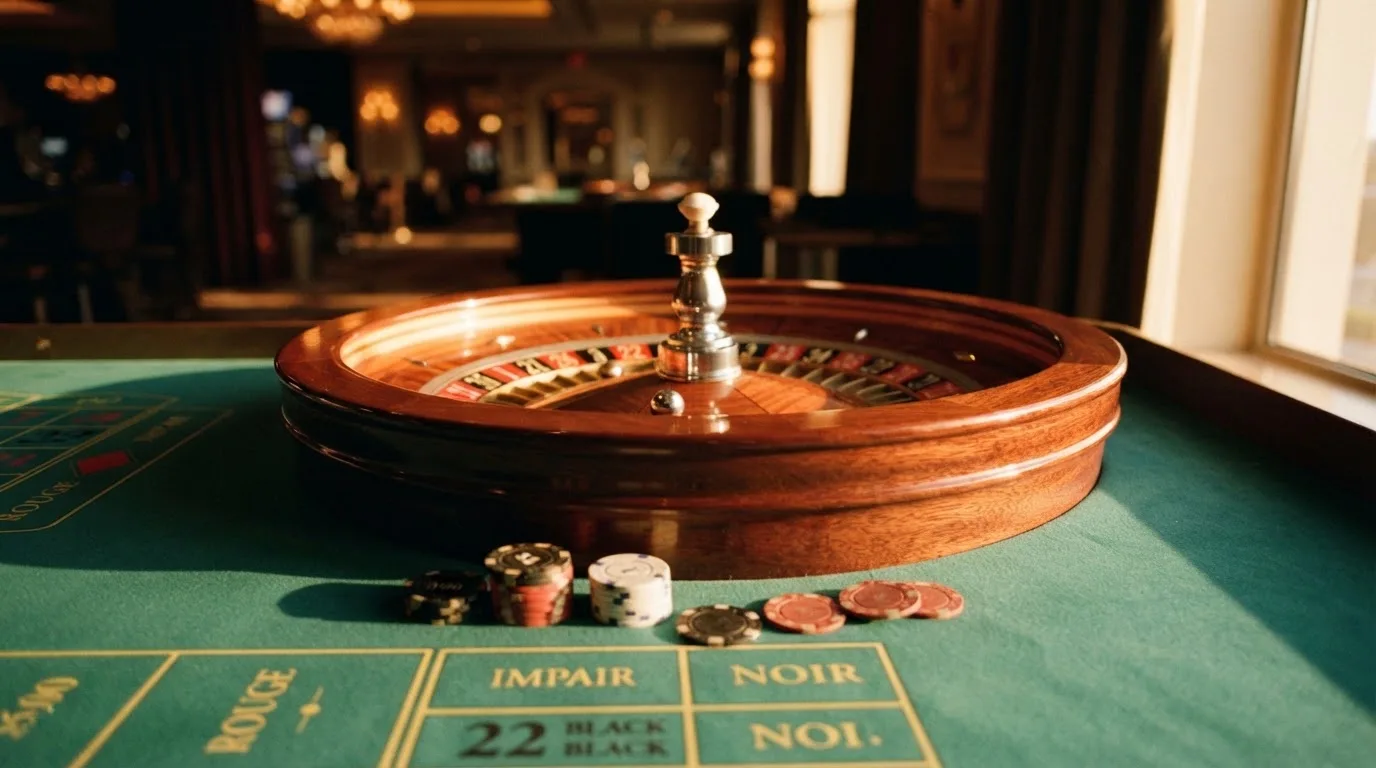 Roda de roleta e fichas sobre feltro verde, sob uma luz quente de fim de tarde — jogos de casino grátis pt