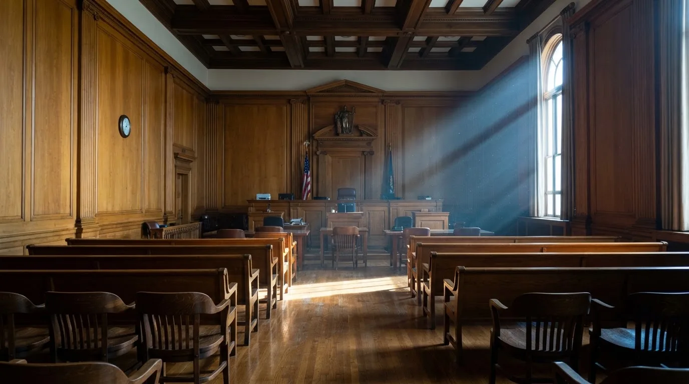 Sala de tribunal vazia com painéis de madeira, à luz da manhã — jogos de casino online pt