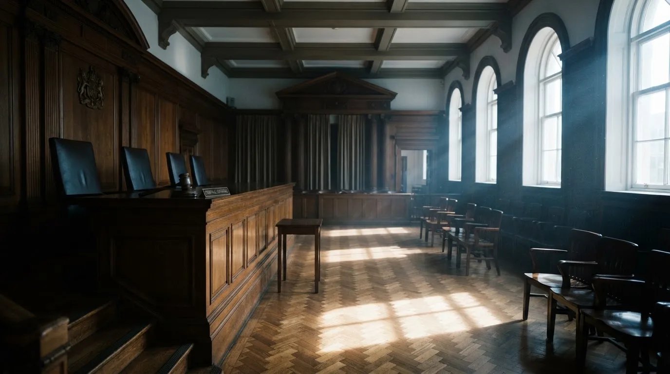 Sala de tribunal vazia com painéis de madeira, à luz da manhã — jogos de cassino em portugal