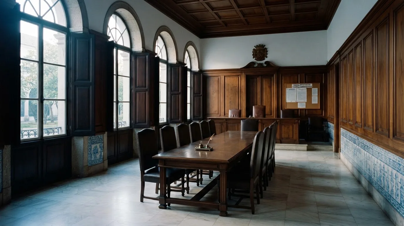 Sala de tribunal vazia com painéis de madeira, à luz da manhã — jogos de roleta em casino pt
