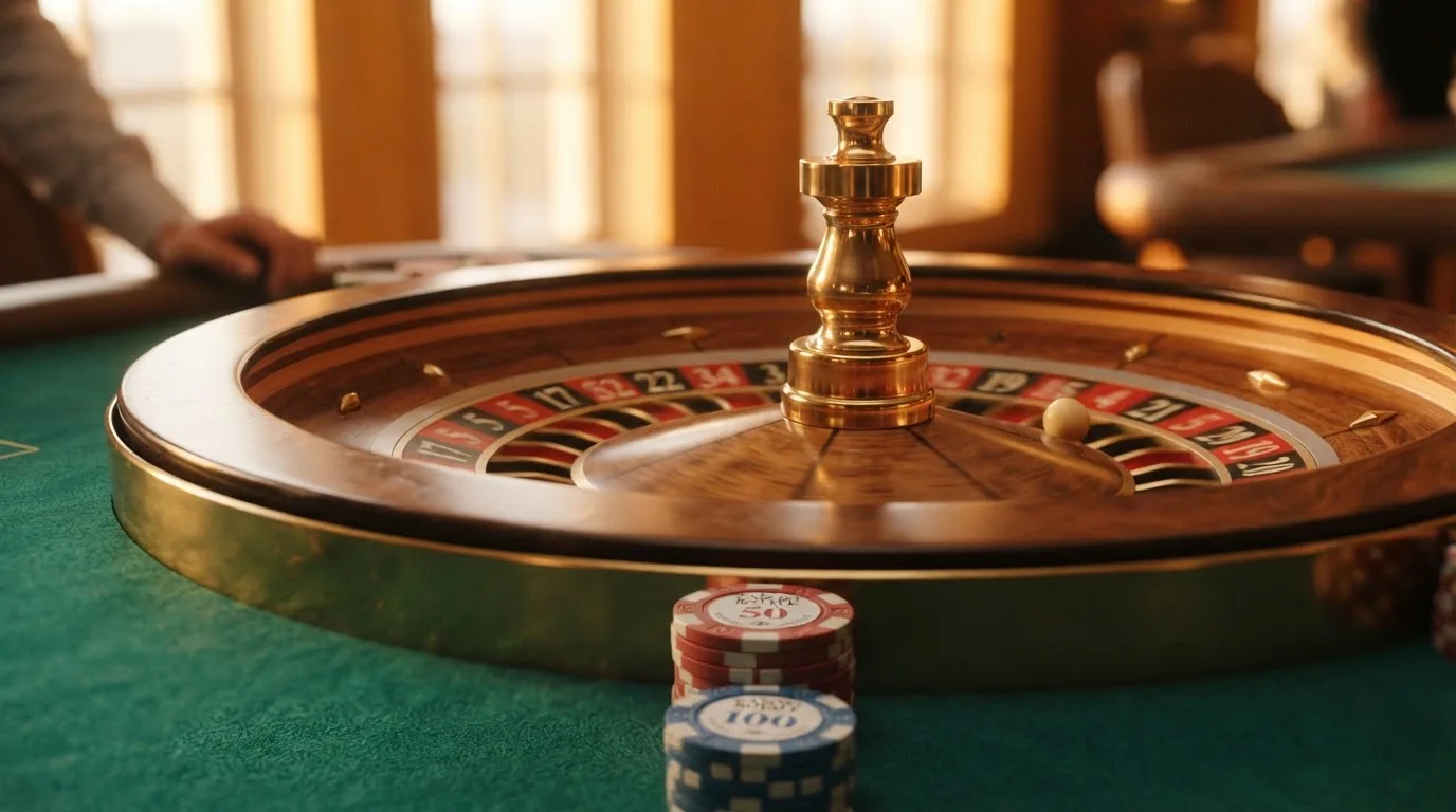 Roda de roleta e fichas sobre feltro verde, sob uma luz quente de fim de tarde — jogos de roleta em casino pt