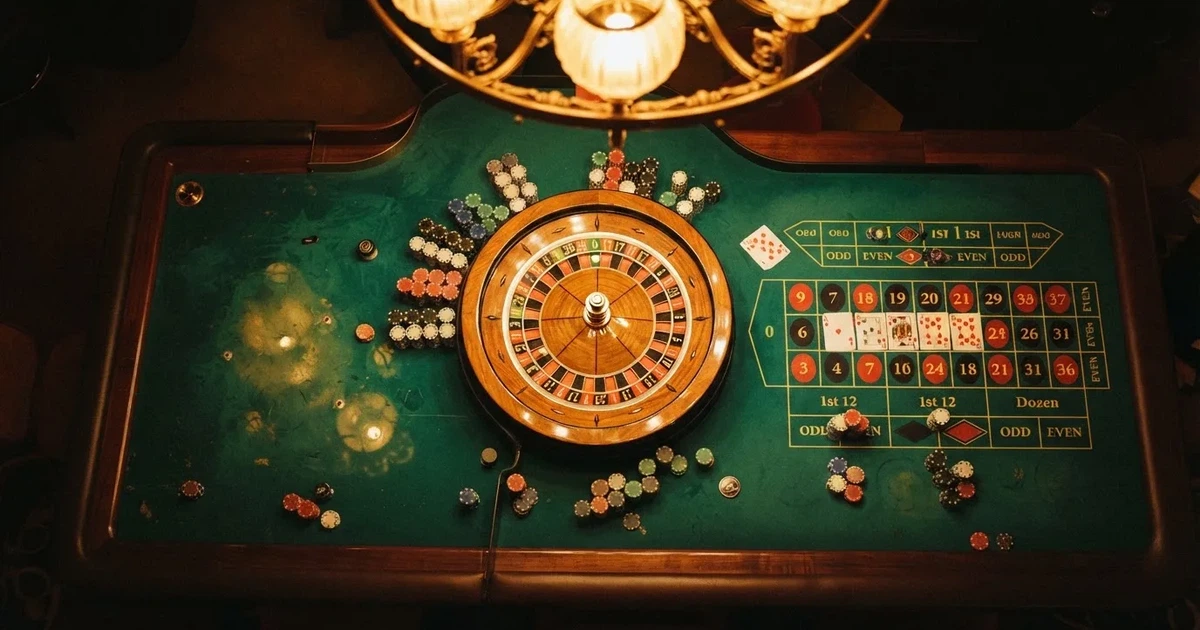 Mesa de jogo iluminada com cartas, vista de cima — jogos de roleta em casino pt