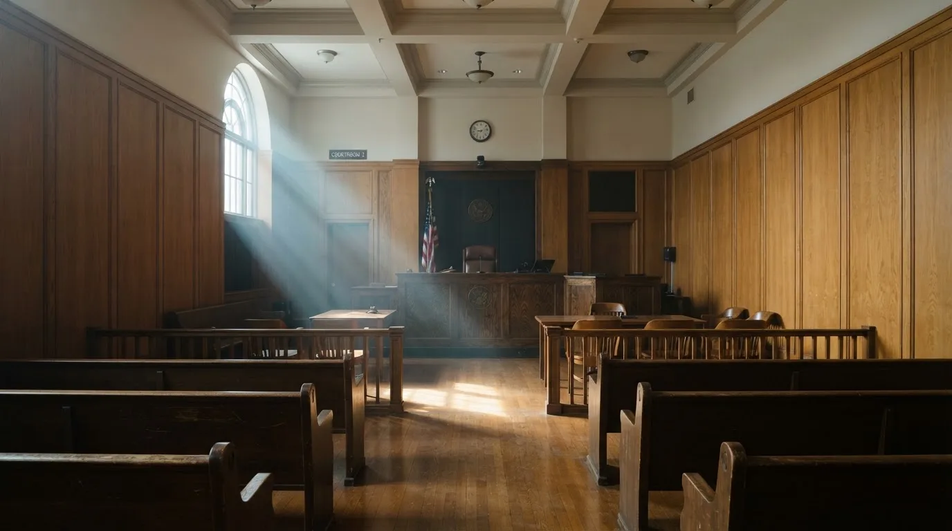 Sala de tribunal vazia com painéis de madeira, à luz da manhã — jogos de slots em portugal