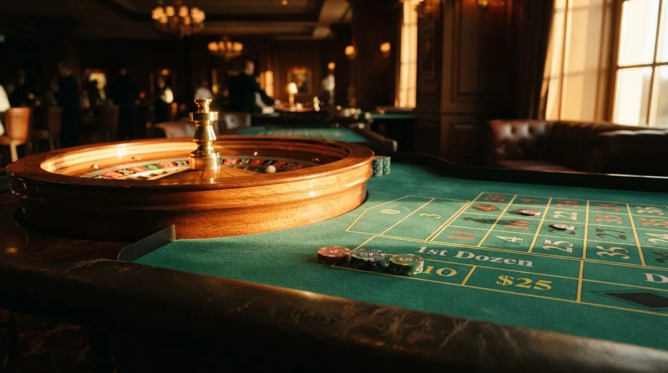 Roda de roleta e fichas sobre feltro verde, sob uma luz quente de fim de tarde — jogos de slots em portugal