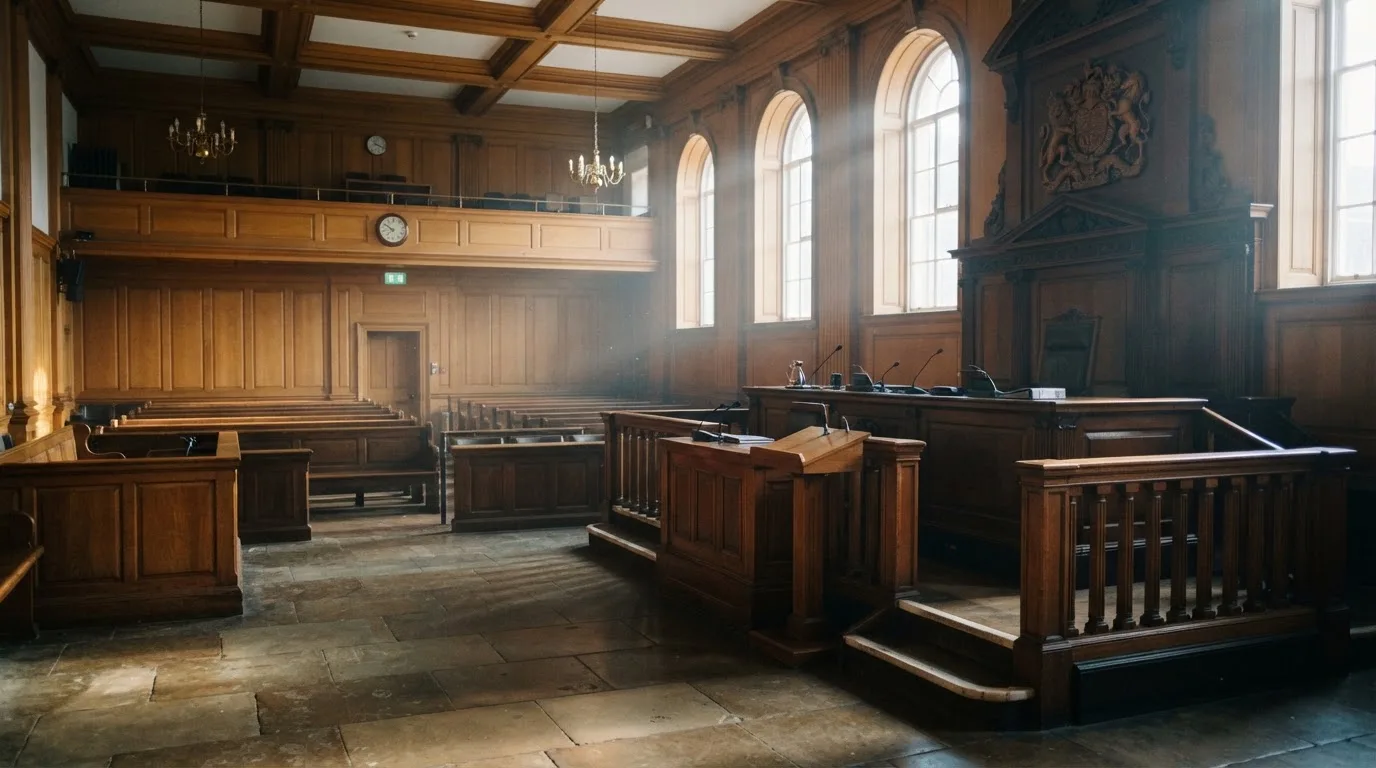 Sala de tribunal vazia com painéis de madeira, à luz da manhã — live casinos em portugal