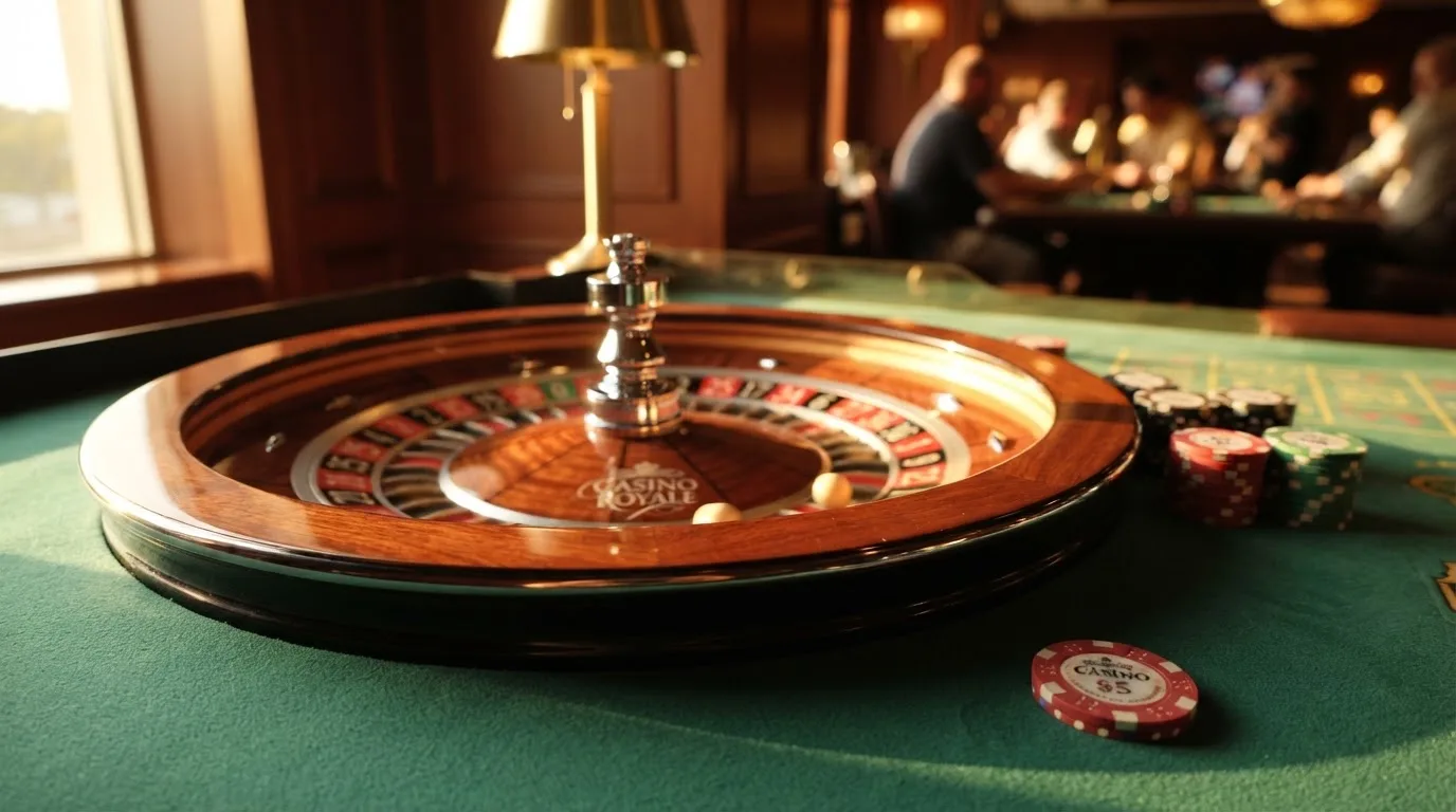 Roda de roleta e fichas sobre feltro verde, sob uma luz quente de fim de tarde — live casinos em portugal