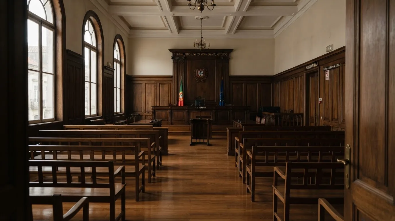 Sala de tribunal vazia com painéis de madeira, à luz da manhã — máquinas de casino em portugal