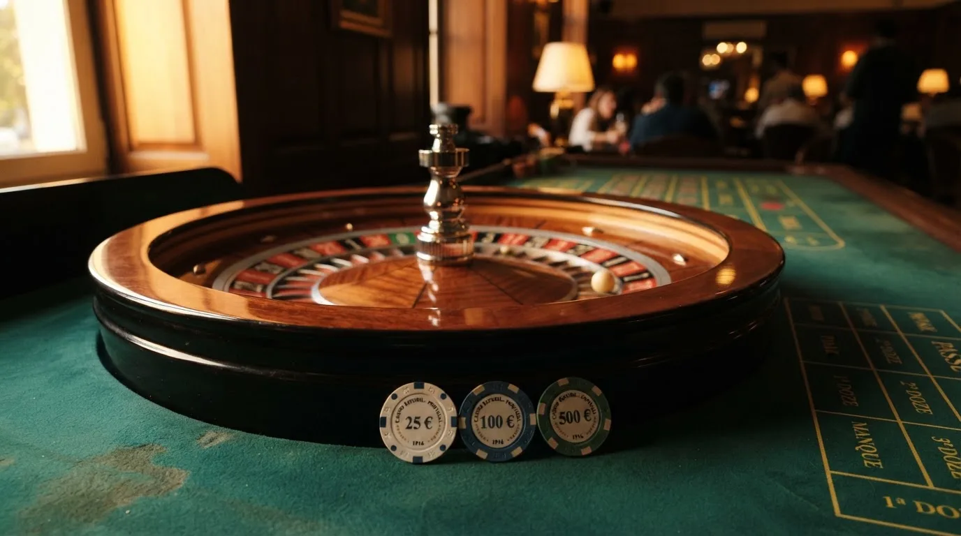 Roda de roleta e fichas sobre feltro verde, sob uma luz quente de fim de tarde — máquinas de casino em portugal