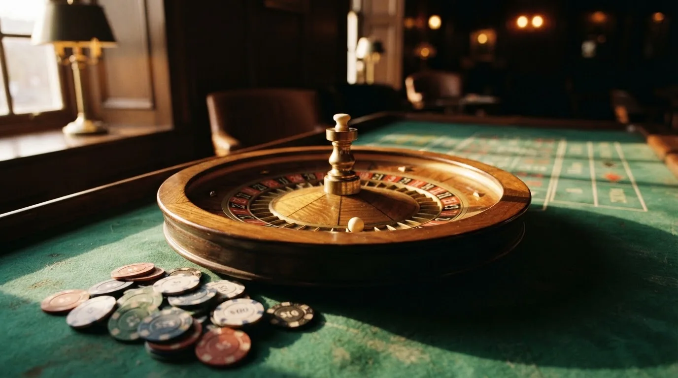 Roda de roleta e fichas sobre feltro verde, sob uma luz quente de fim de tarde — melhor blackjack em portugal