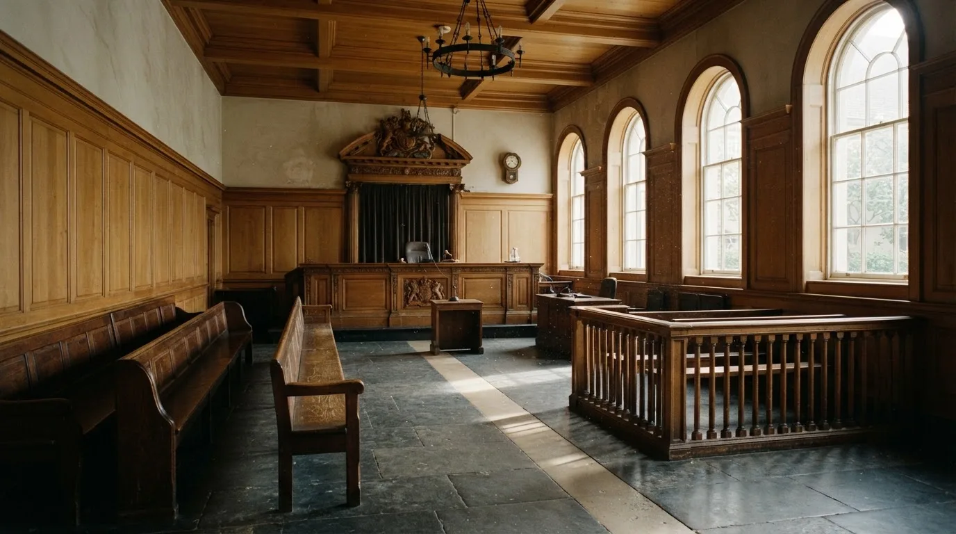 Sala de tribunal vazia com painéis de madeira, à luz da manhã — melhor roleta em portugal