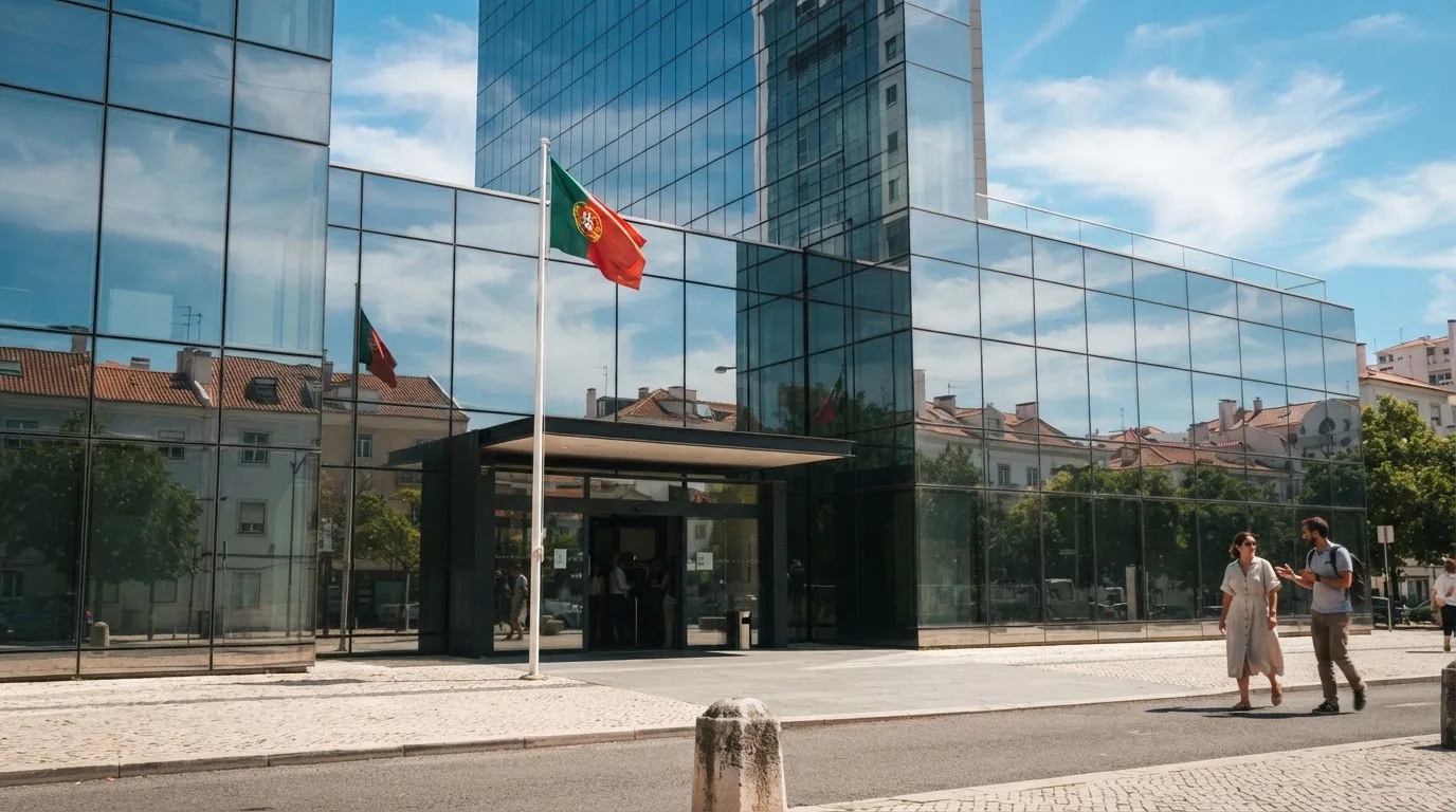 Edifício de escritórios de um organismo público em Lisboa, visto da rua, com vidros espelhados a refletir o céu e uma bandeira.