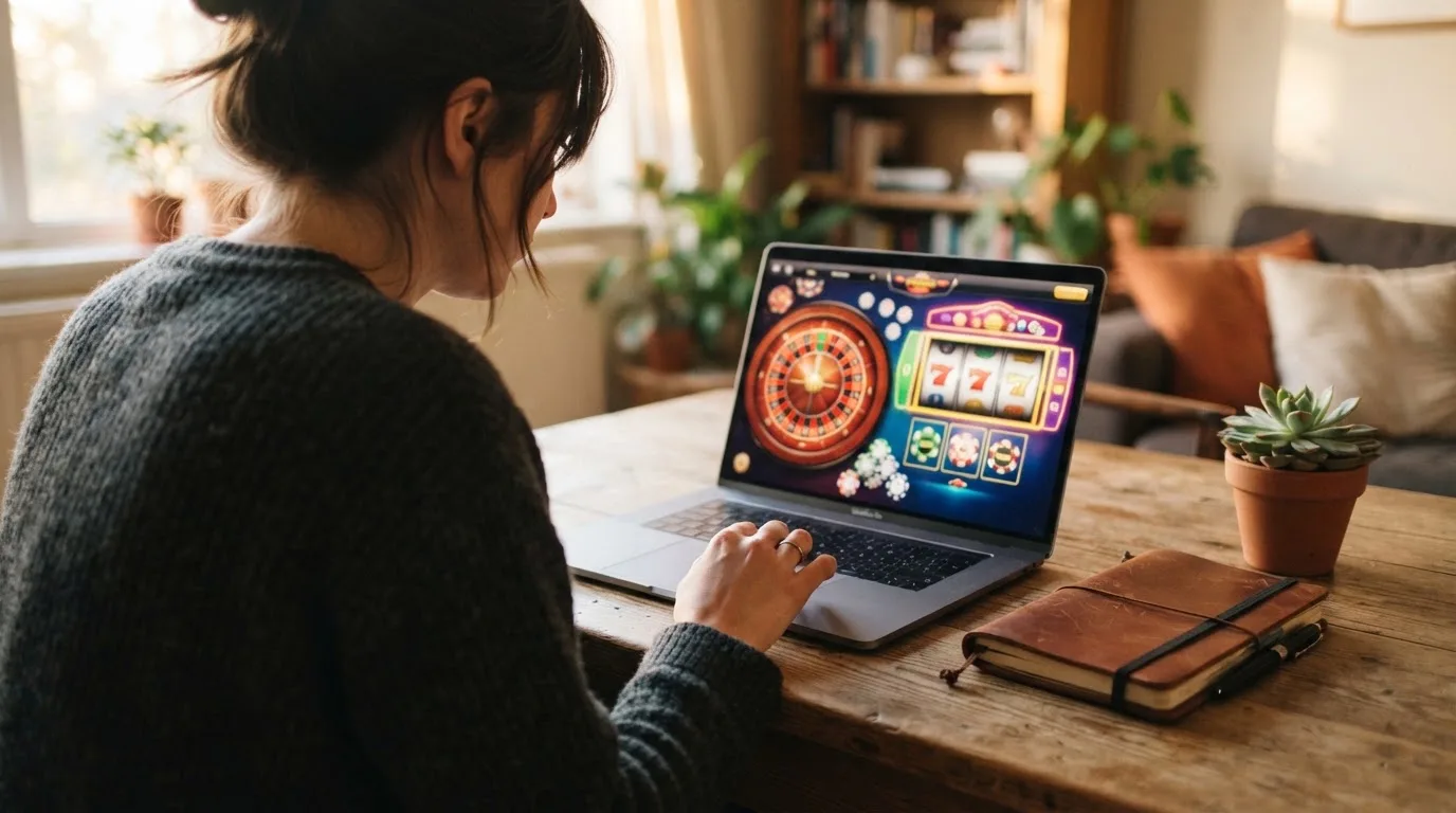 Pessoa a explorar um casino online no portátil numa mesa de sala, com bloco de notas fechado e uma planta ao lado.