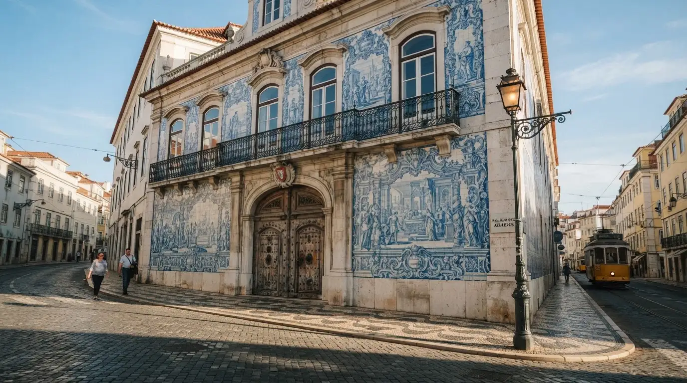 Fachada de um edifício oficial lisboeta com azulejos e portas altas, rua em calçada portuguesa e um candeeiro antigo.