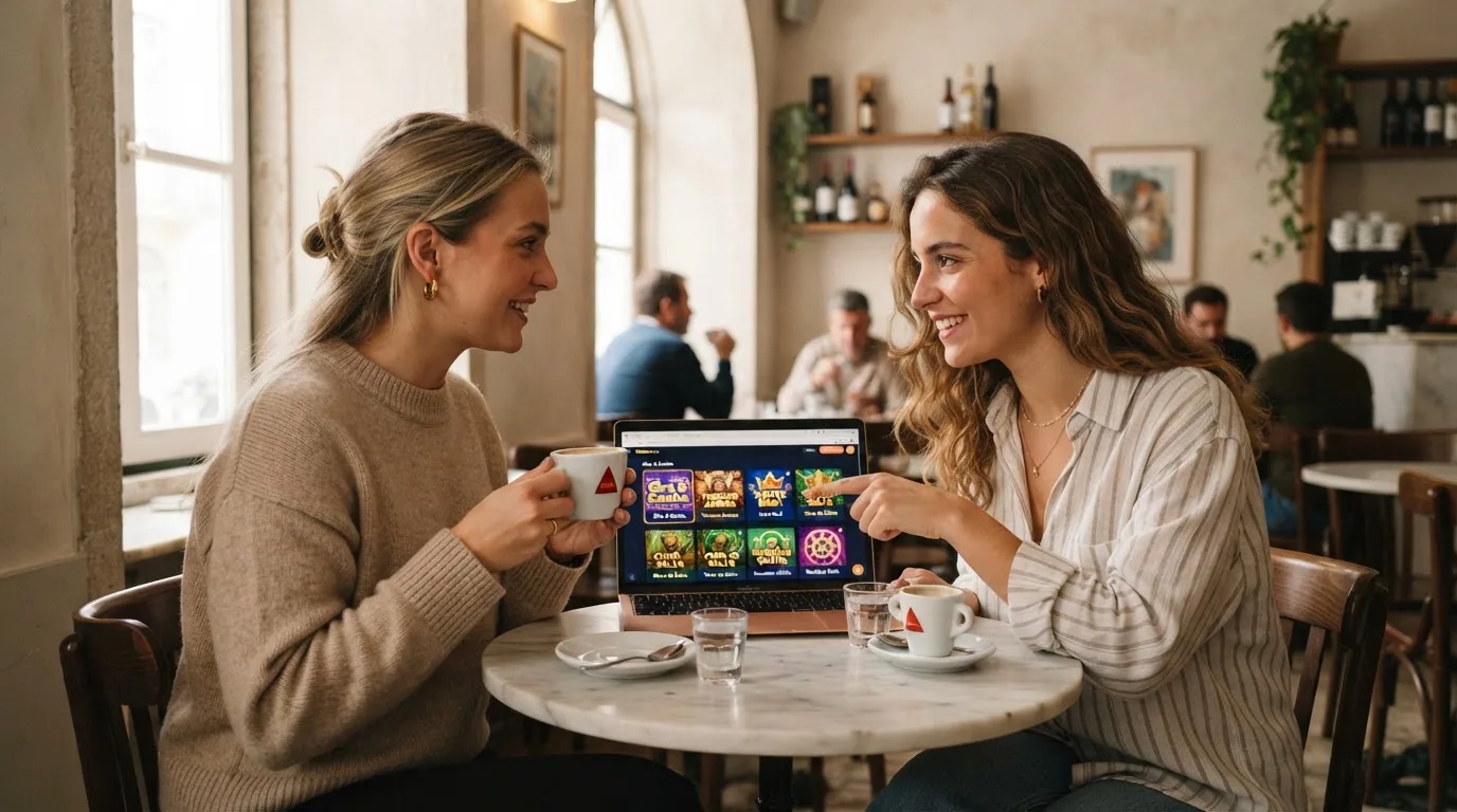 Duas pessoas a comparar opções à mesa de um café, com portátil aberto e dois cafés, luz natural de janela.