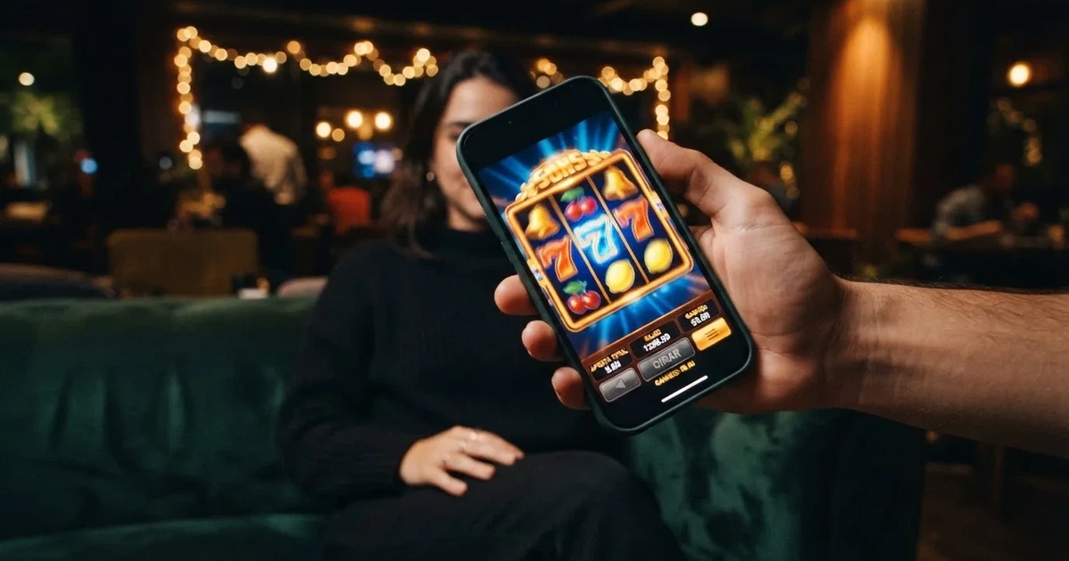 Jovem a deslizar o dedo num telemóvel, com rolos coloridos de uma máquina desfocados ao fundo, ambiente noturno e luzes quentes.