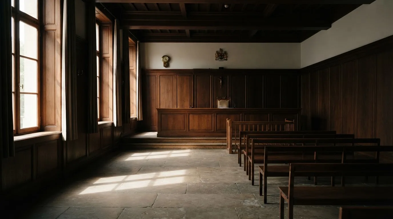 Sala de tribunal vazia com painéis de madeira, à luz da manhã — mesas de casino em portugal