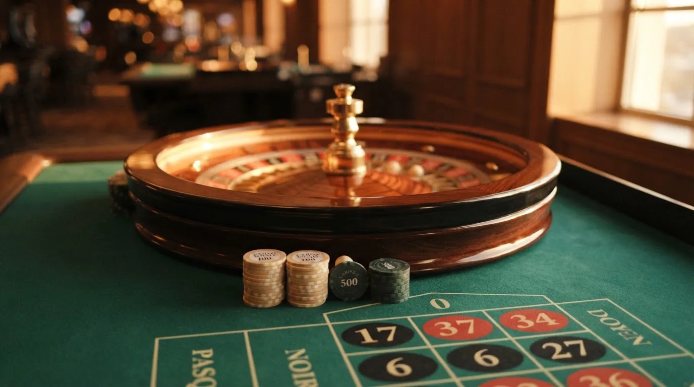 Roda de roleta e fichas sobre feltro verde, sob uma luz quente de fim de tarde — mesas de casino em portugal