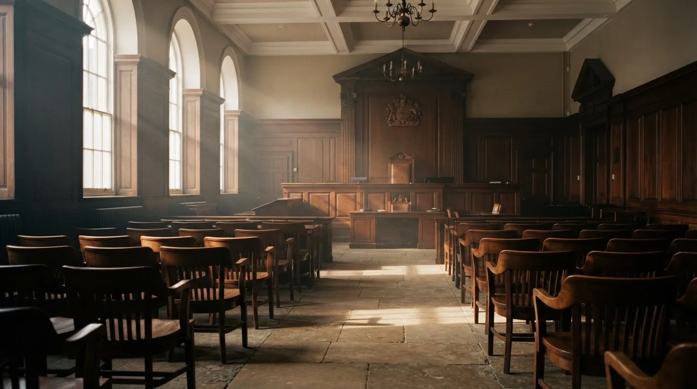 Sala de tribunal vazia com painéis de madeira, à luz da manhã — novo casino em portugal