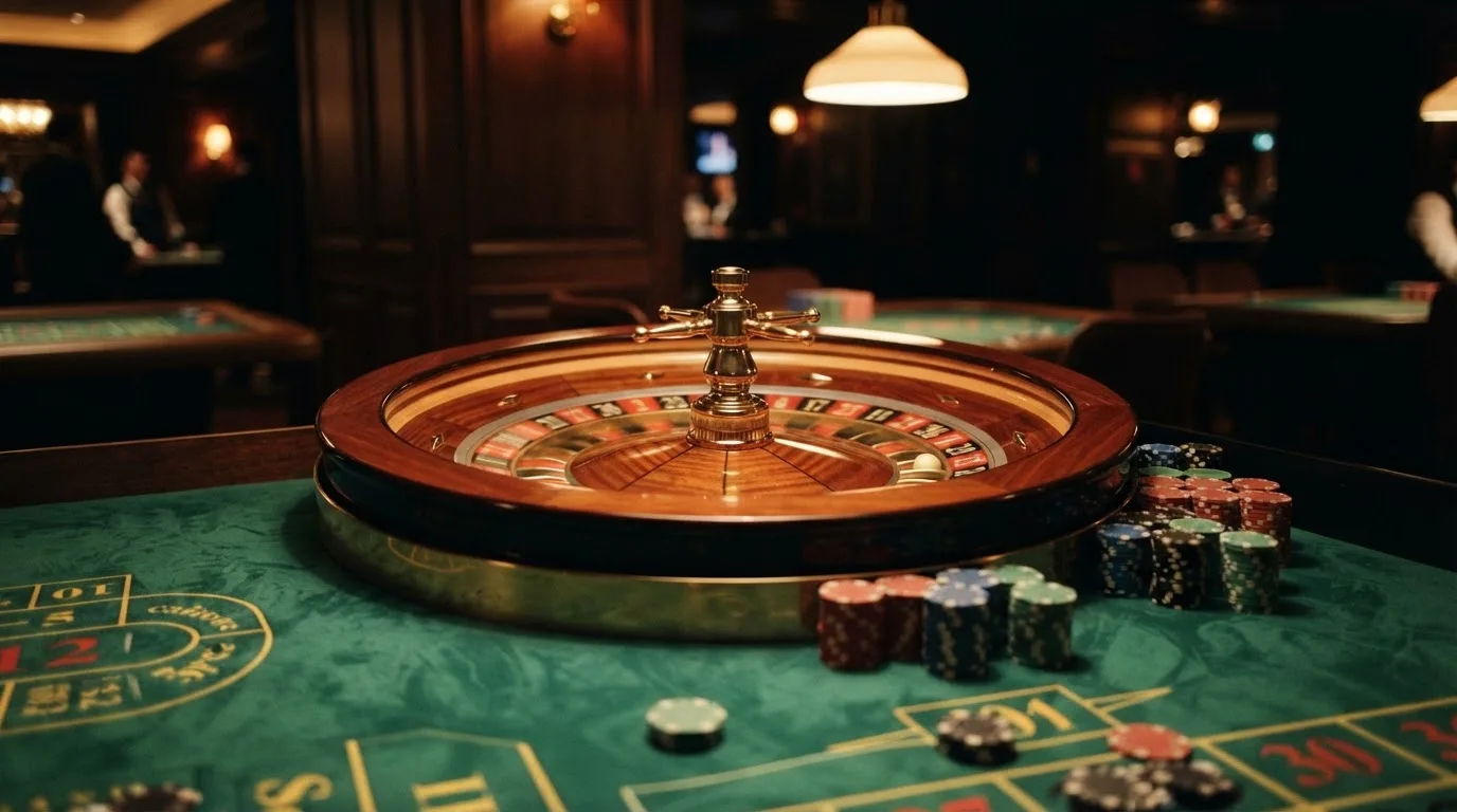 Roda de roleta e fichas sobre feltro verde, sob uma luz quente de fim de tarde — novo casino em portugal