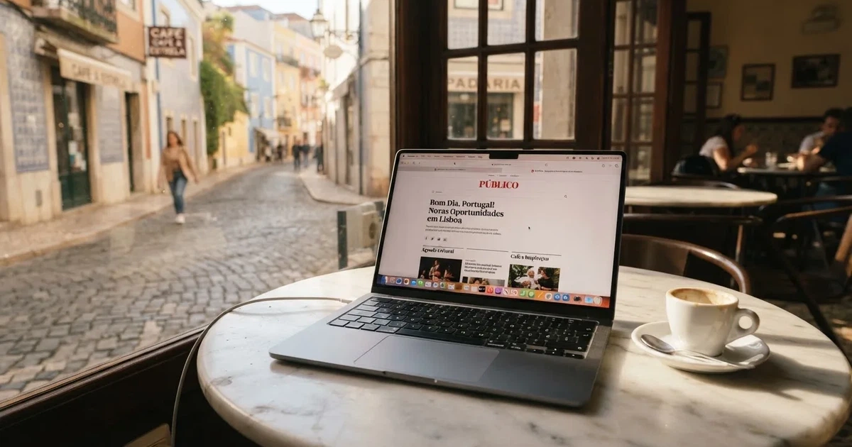 Computador portátil numa mesa de café junto a uma janela virada para a rua — novo casino em portugal