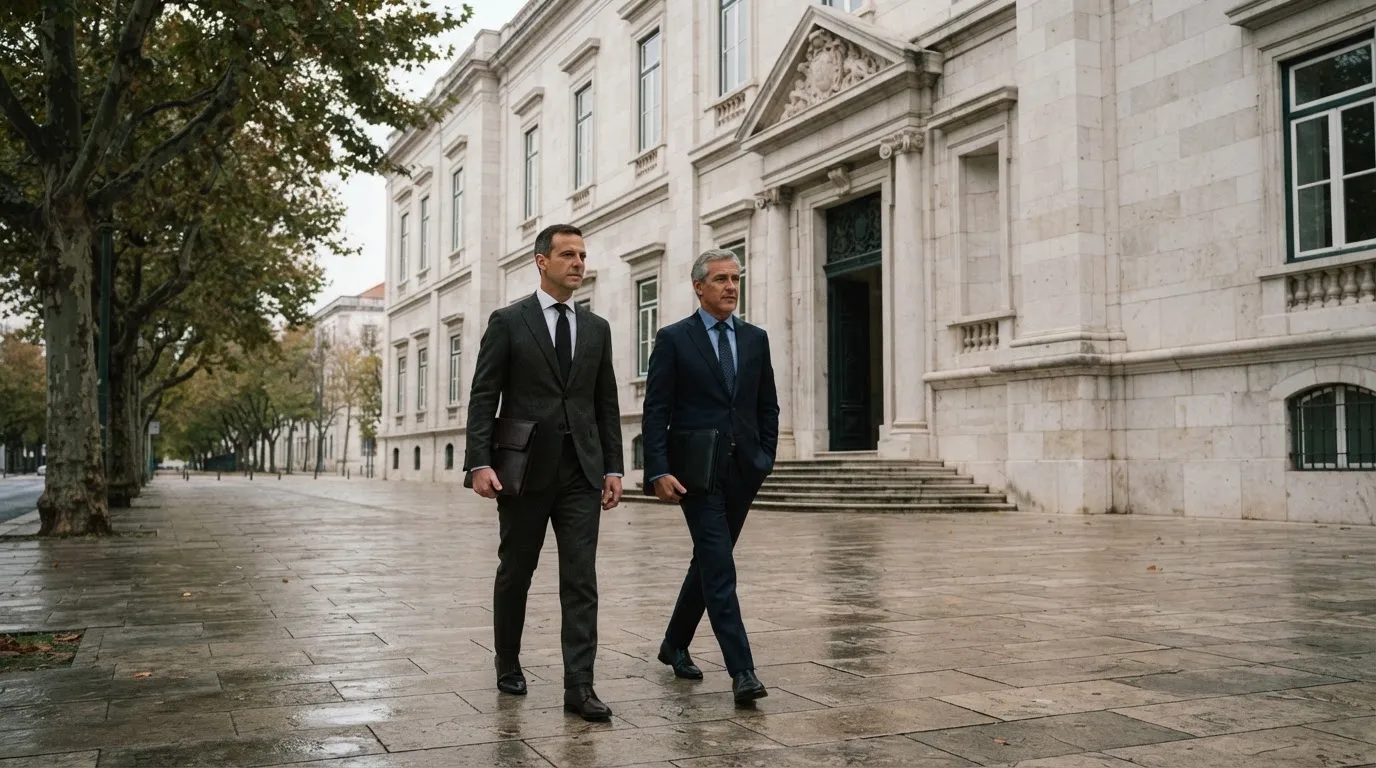Pessoas de fato a caminhar à frente de um edifício de serviços públicos em Lisboa, com pasta na mão e céu nublado.