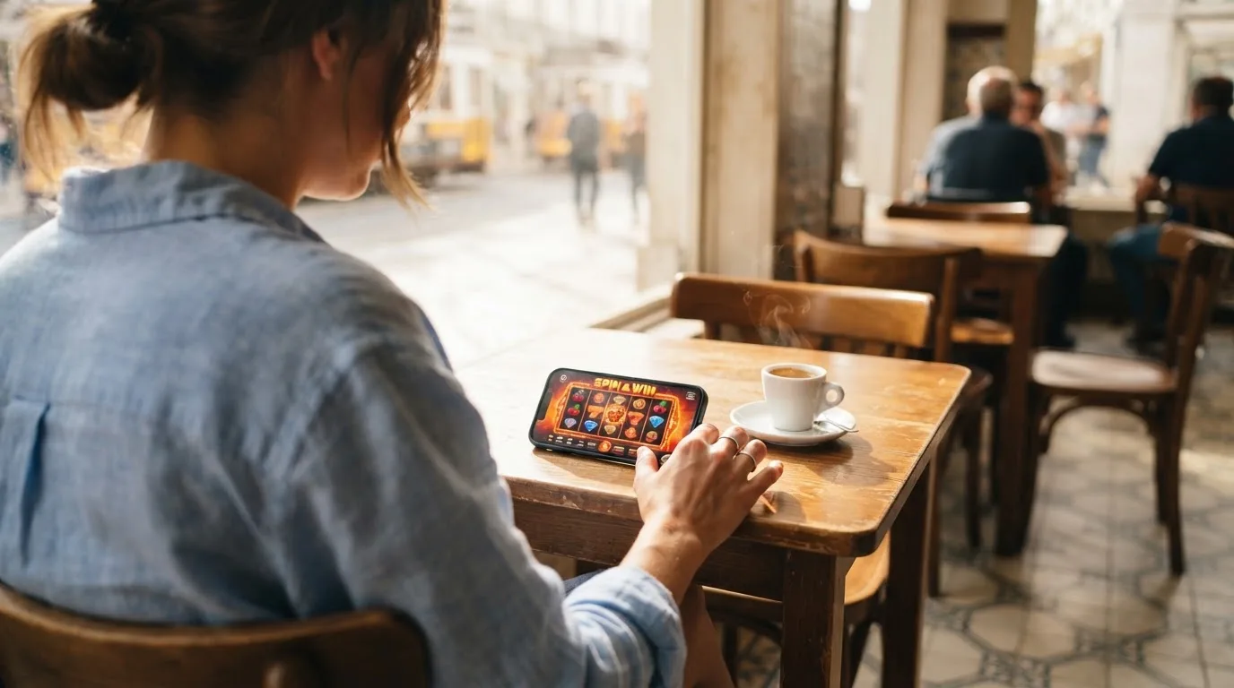 Pessoa a explorar jogos no telemóvel num café, com uma bica na mesa e luz de manhã a entrar pela montra.
