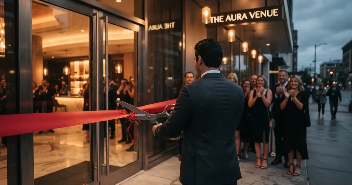 Fita de inauguração vermelha a ser cortada por uma tesoura grande à porta de um espaço moderno, com pessoas desfocadas a aplaudir.