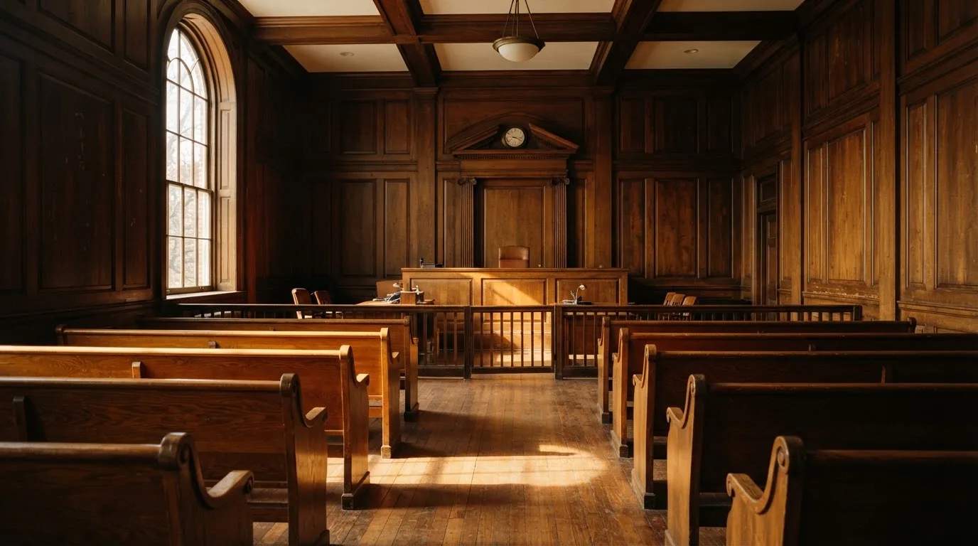 Sala de tribunal vazia com painéis de madeira, à luz da manhã — ofertas de casino em portugal