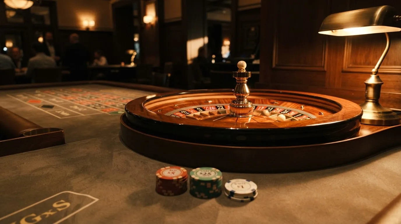 Roda de roleta e fichas sobre feltro verde, sob uma luz quente de fim de tarde — ofertas de casino em portugal